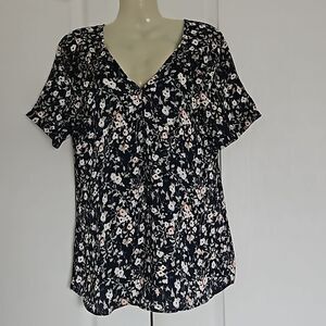 Zara Floral Short Sleeves Top XS Navy Blue